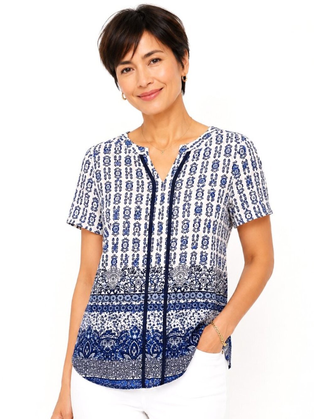 Naif Petite Blue White Print Short Sleeve Top NWT